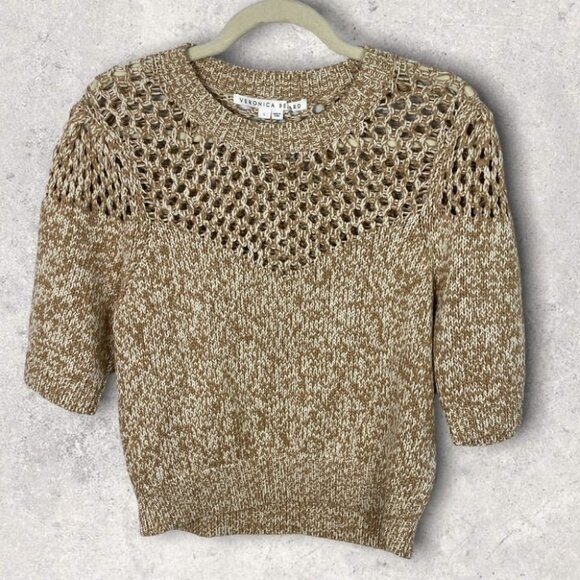 NEW‎ Veronica Beard Crochet Knit Beige Tan Short Sleeve Sweater Top Size Large L - Picture 3 of 12